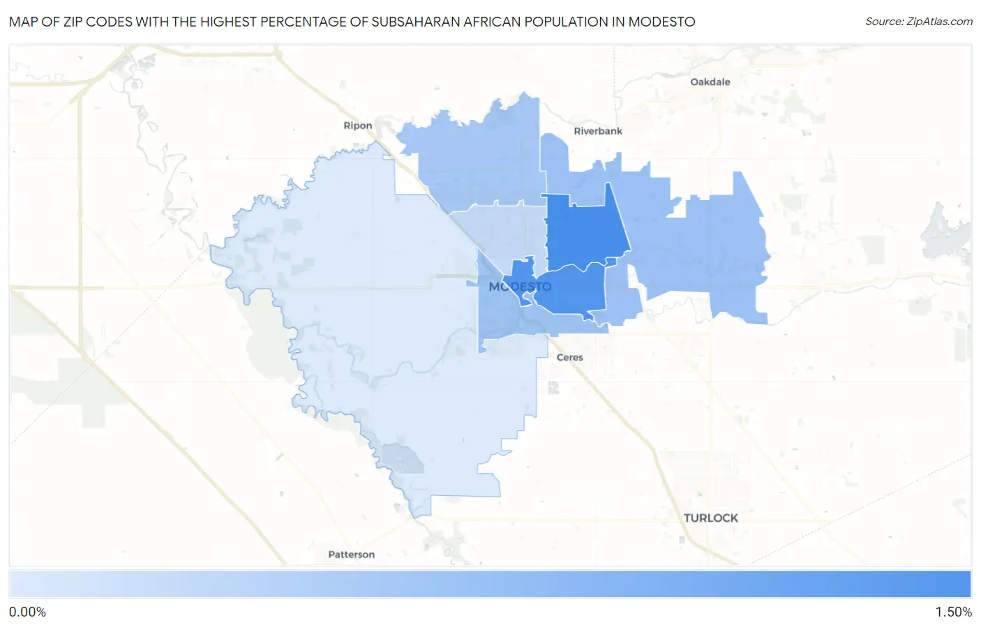 Zip Codes with the Highest Percentage of Subsaharan African Population in Modesto Map