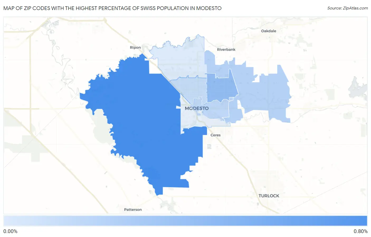 Zip Codes with the Highest Percentage of Swiss Population in Modesto Map