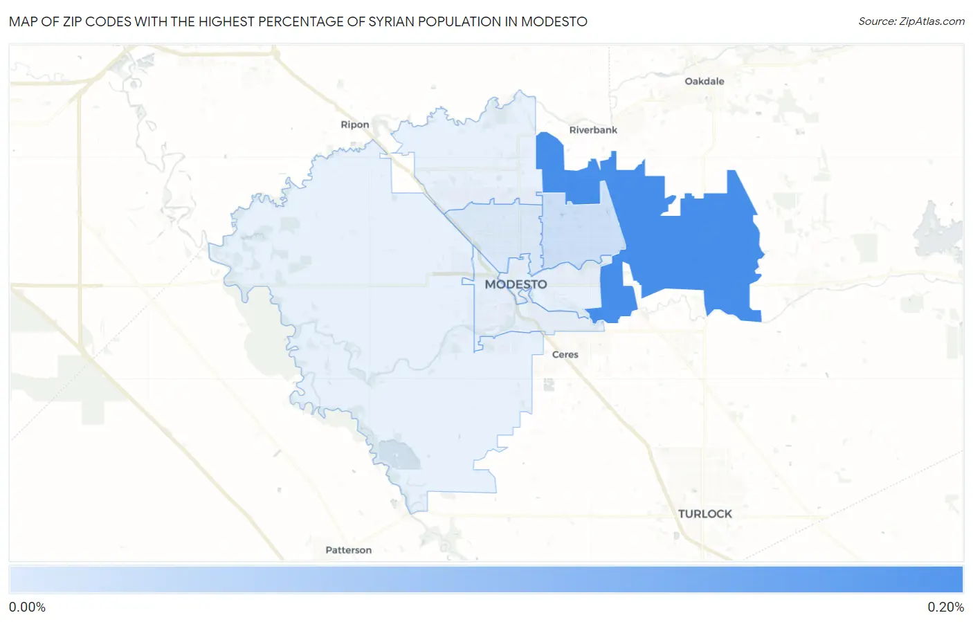 Zip Codes with the Highest Percentage of Syrian Population in Modesto Map
