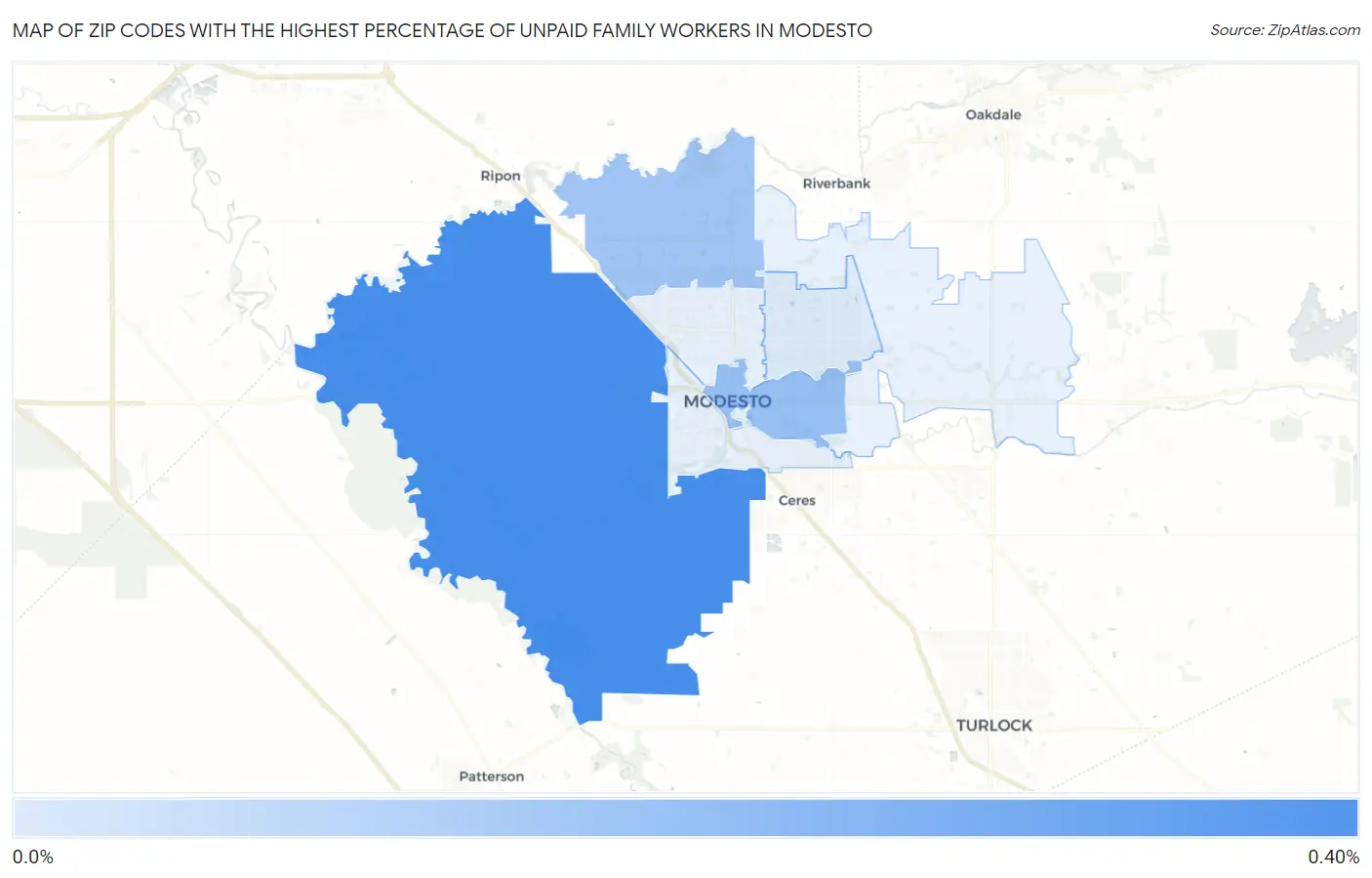 Zip Codes with the Highest Percentage of Unpaid Family Workers in Modesto Map