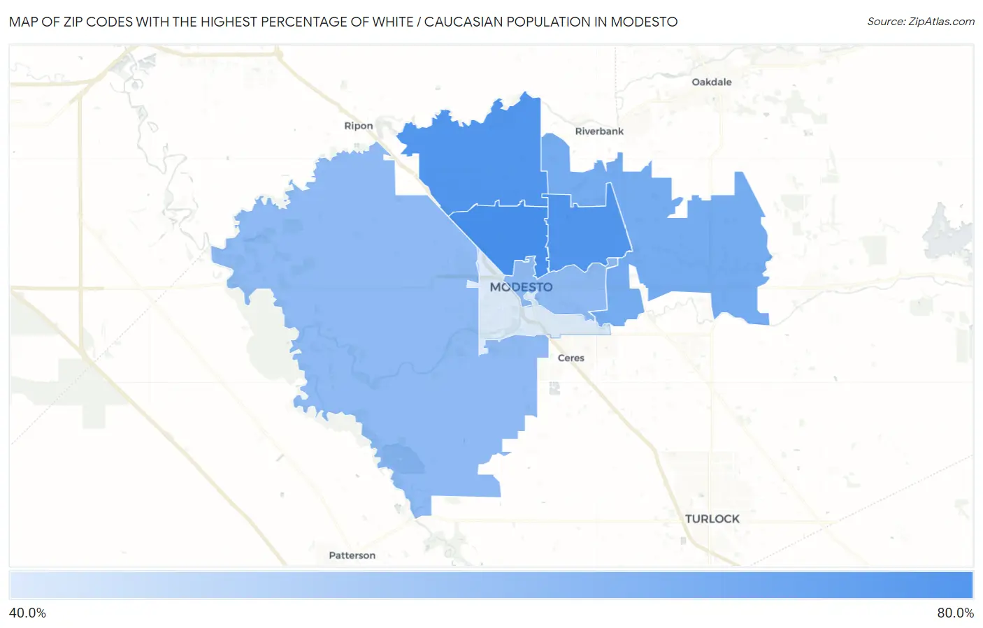 Zip Codes with the Highest Percentage of White / Caucasian Population in Modesto Map