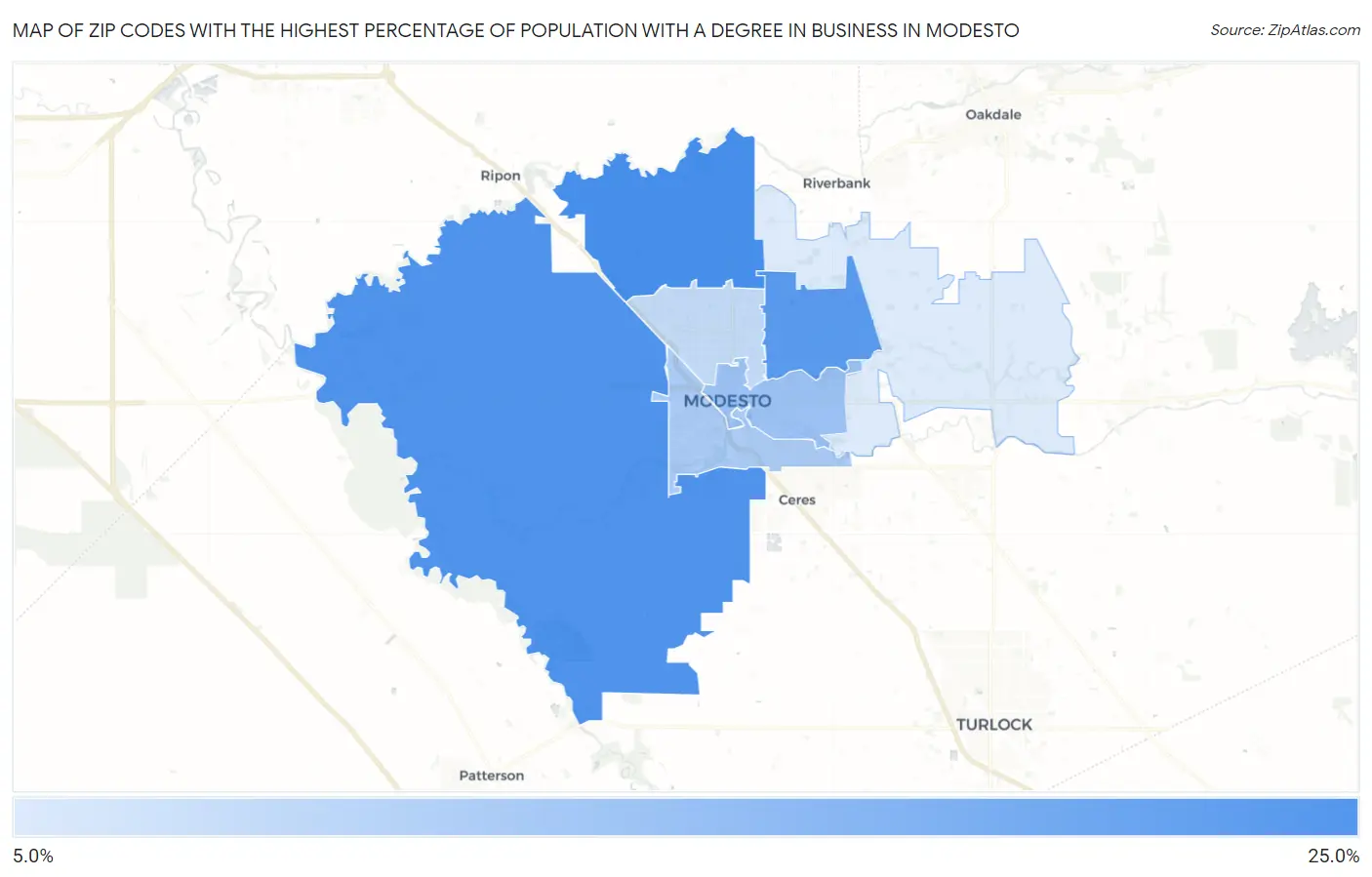 Zip Codes with the Highest Percentage of Population with a Degree in Business in Modesto Map