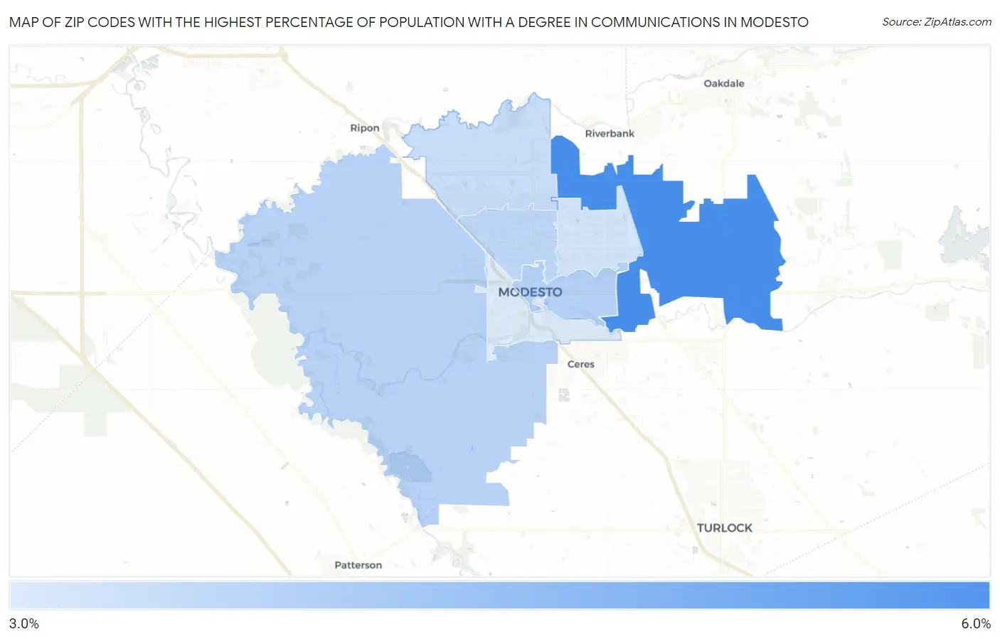 Zip Codes with the Highest Percentage of Population with a Degree in Communications in Modesto Map