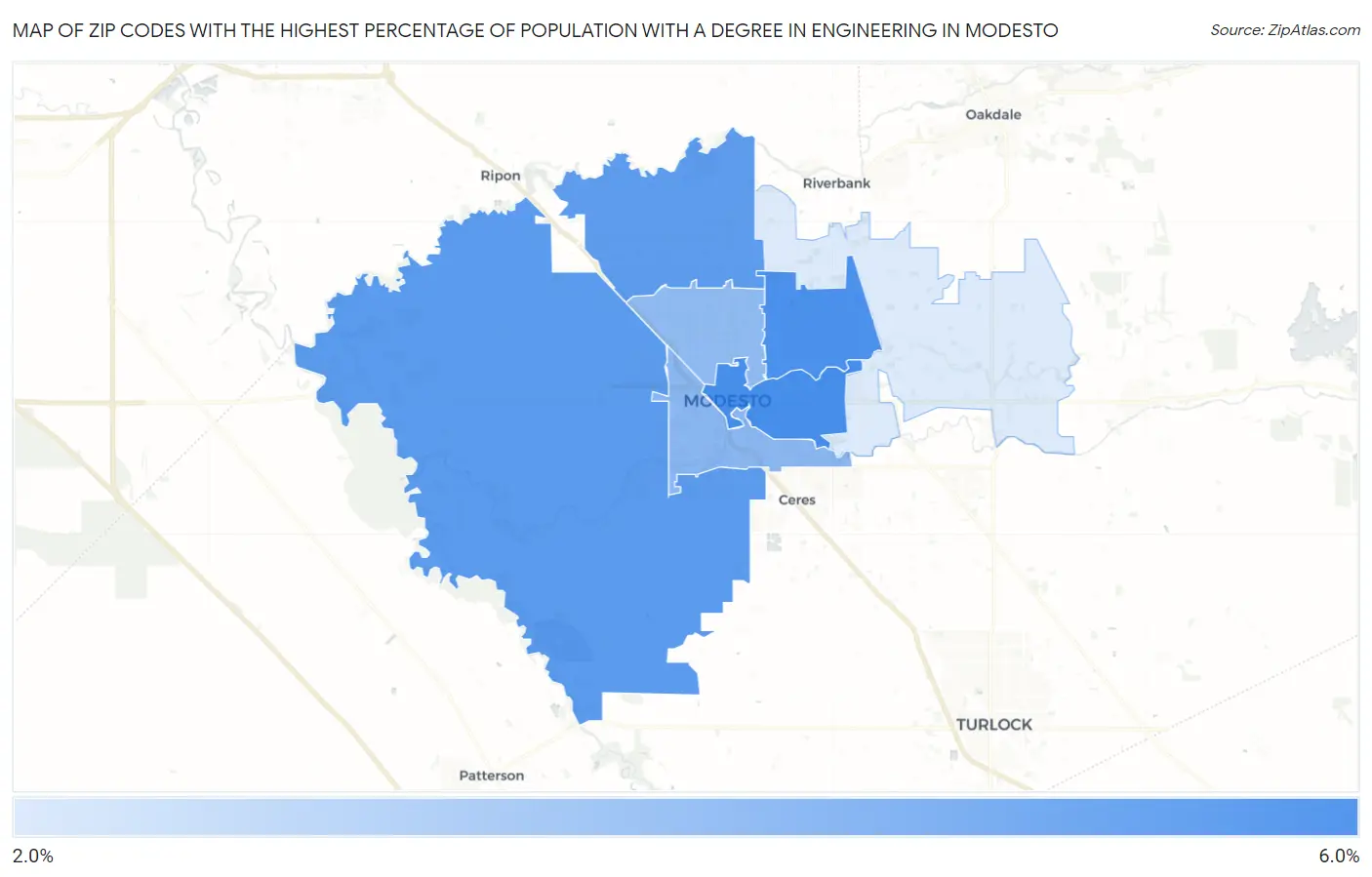 Zip Codes with the Highest Percentage of Population with a Degree in Engineering in Modesto Map