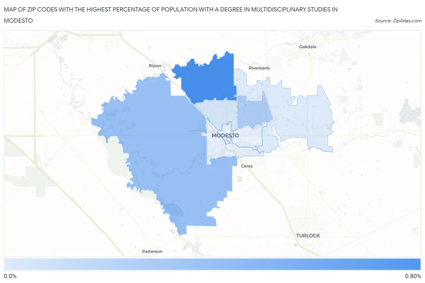 Zip Codes with the Highest Percentage of Population with a Degree in Multidisciplinary Studies in Modesto Map
