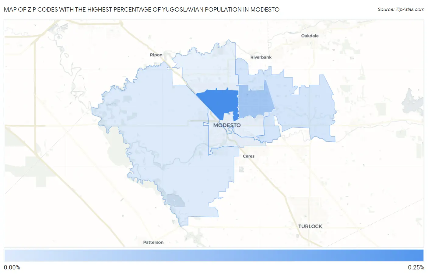 Zip Codes with the Highest Percentage of Yugoslavian Population in Modesto Map