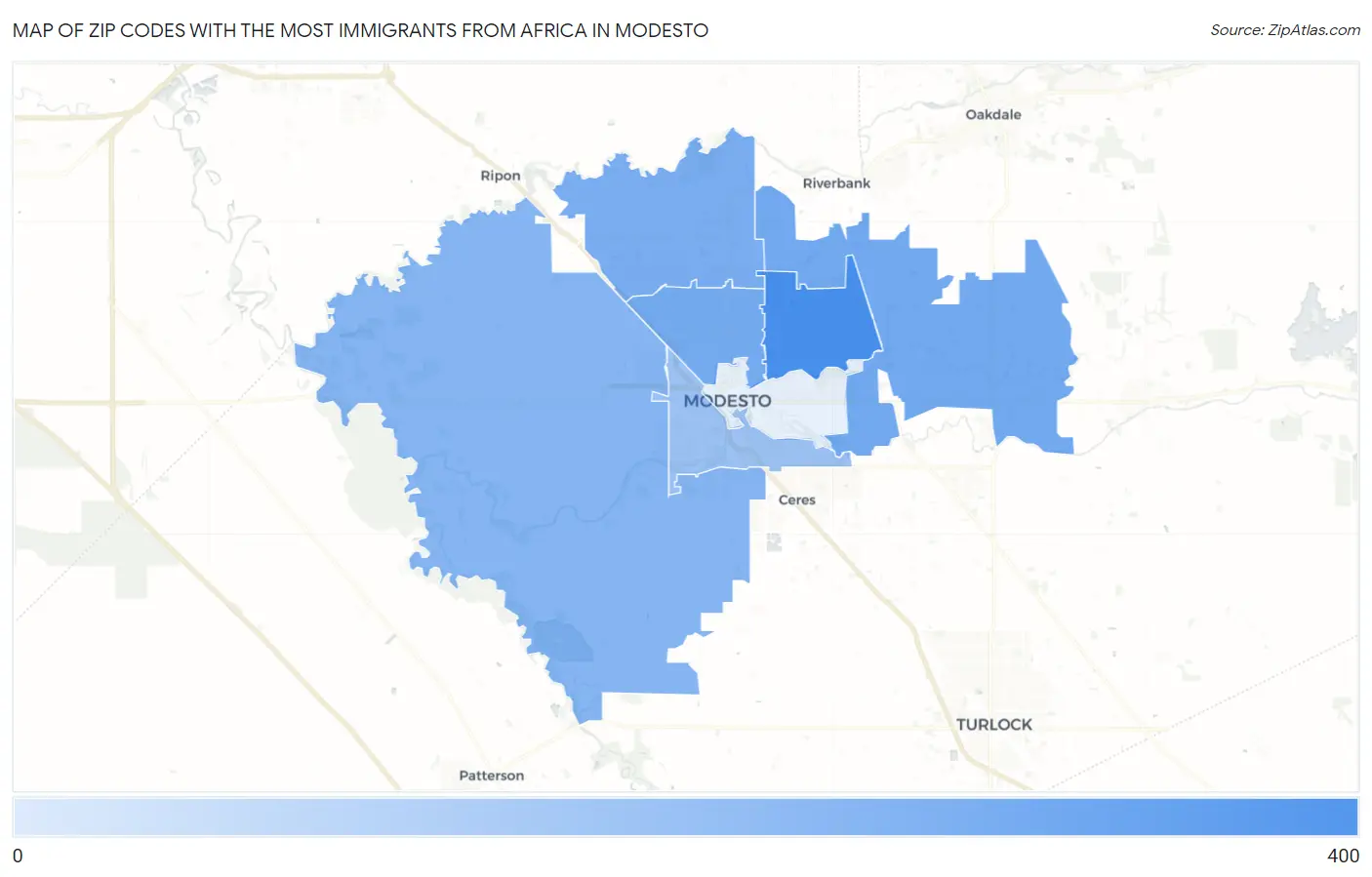 Zip Codes with the Most Immigrants from Africa in Modesto Map
