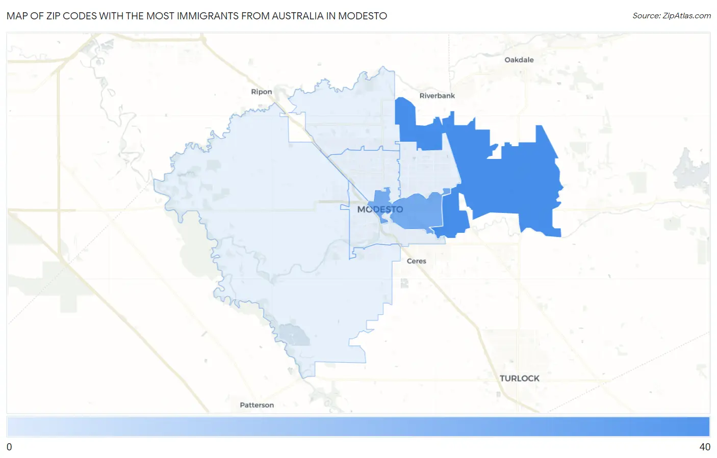 Zip Codes with the Most Immigrants from Australia in Modesto Map