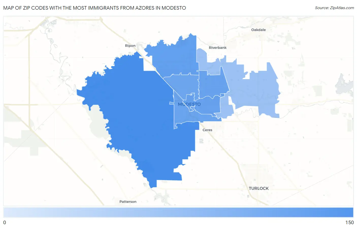 Zip Codes with the Most Immigrants from Azores in Modesto Map