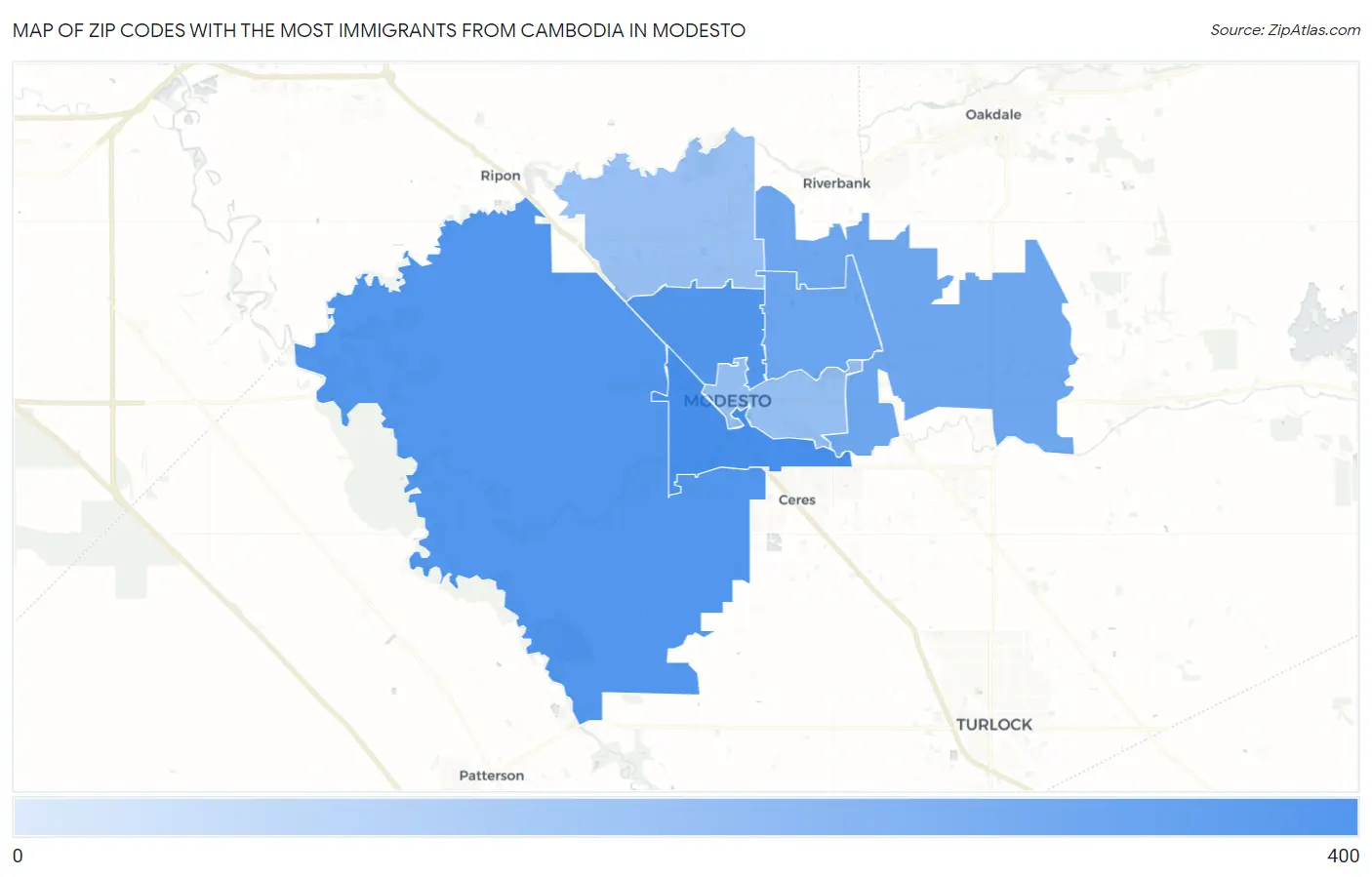 Zip Codes with the Most Immigrants from Cambodia in Modesto Map