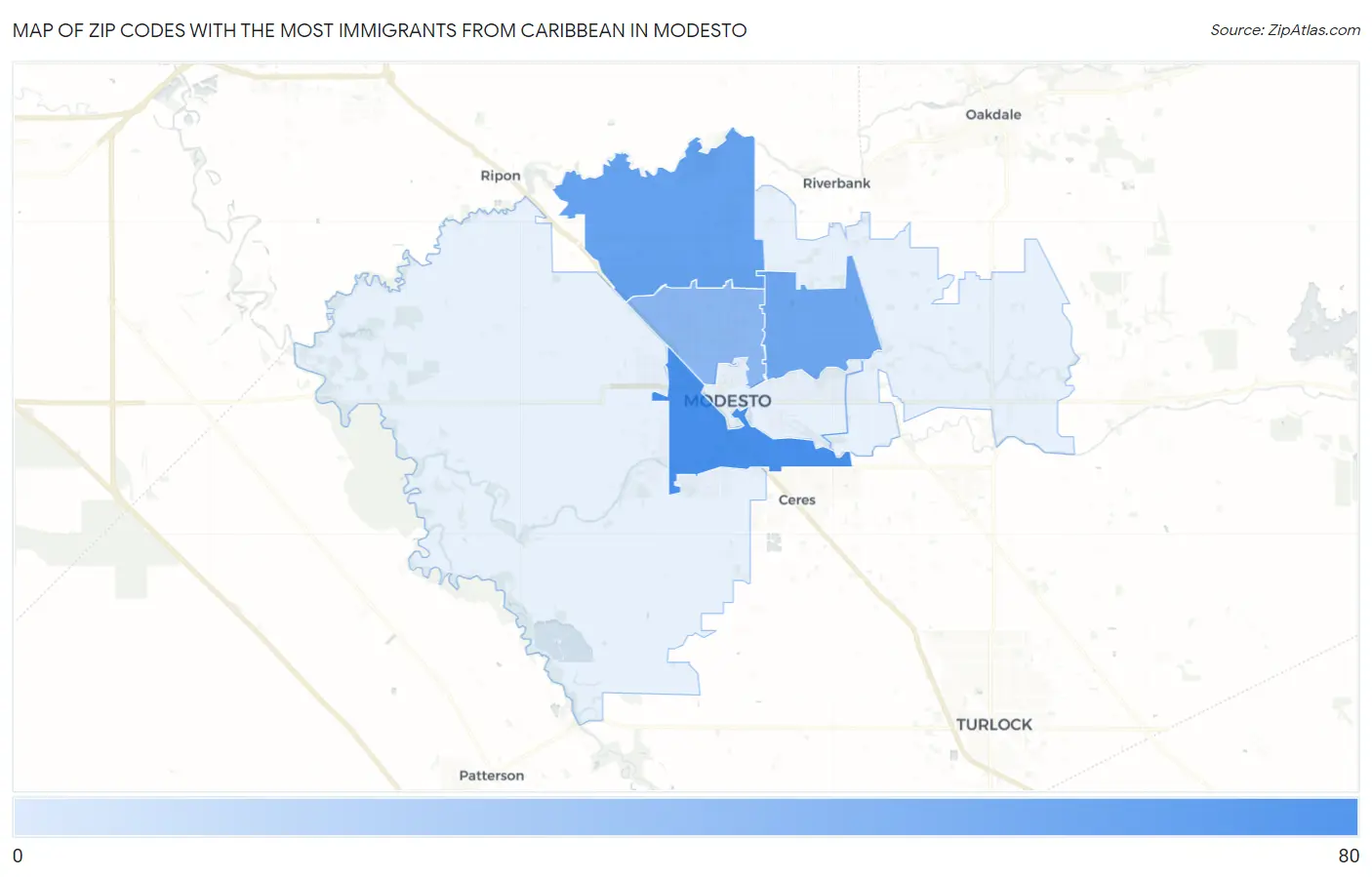 Zip Codes with the Most Immigrants from Caribbean in Modesto Map
