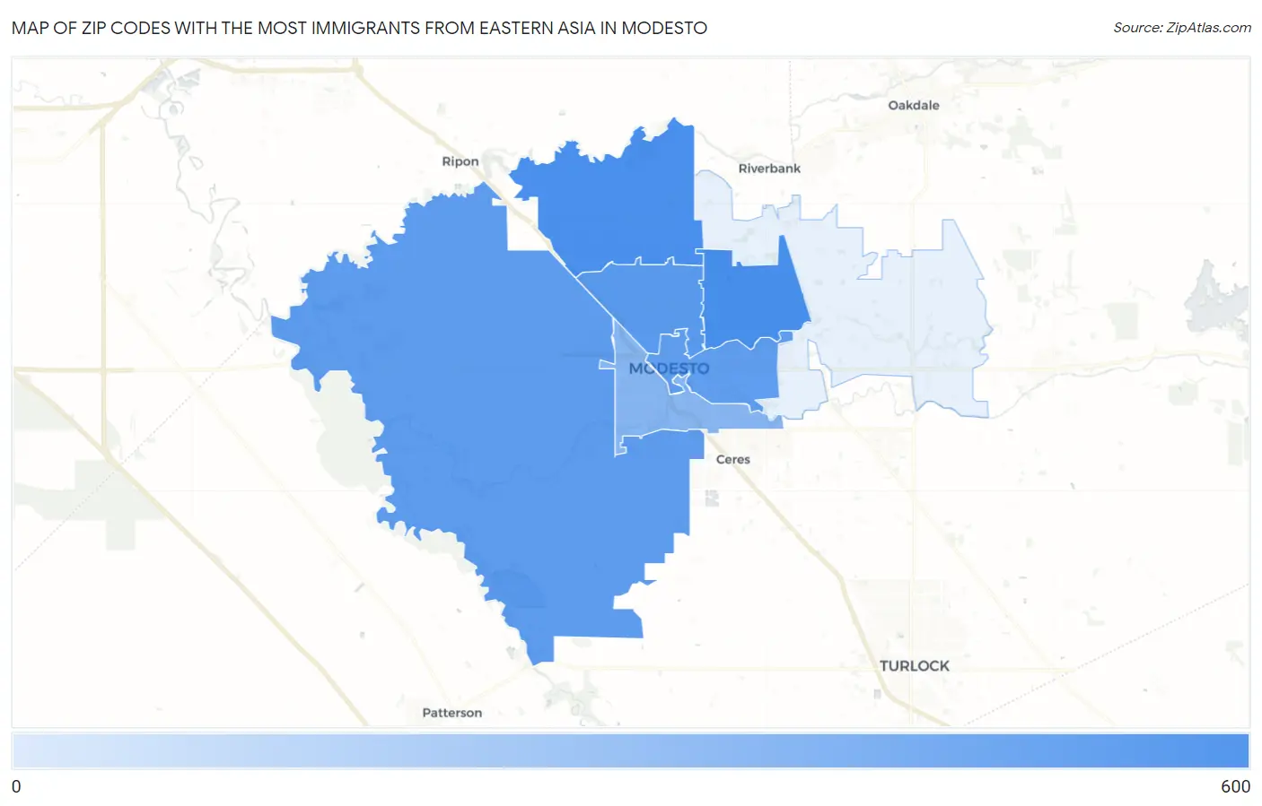 Zip Codes with the Most Immigrants from Eastern Asia in Modesto Map