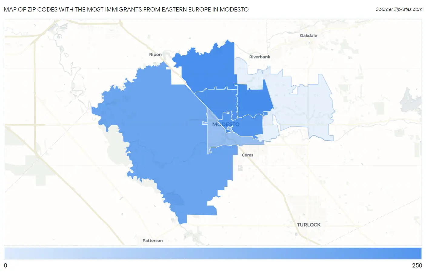 Zip Codes with the Most Immigrants from Eastern Europe in Modesto Map