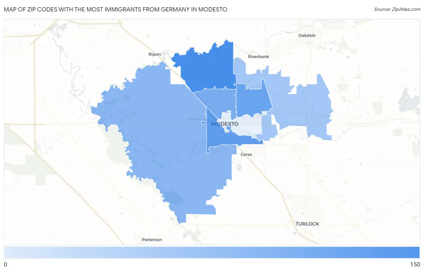 Zip Codes with the Most Immigrants from Germany in Modesto Map