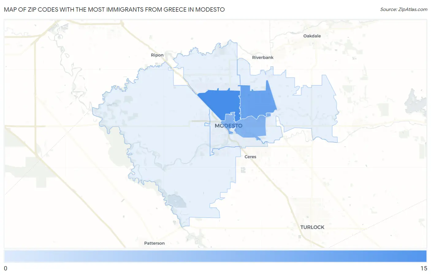 Zip Codes with the Most Immigrants from Greece in Modesto Map