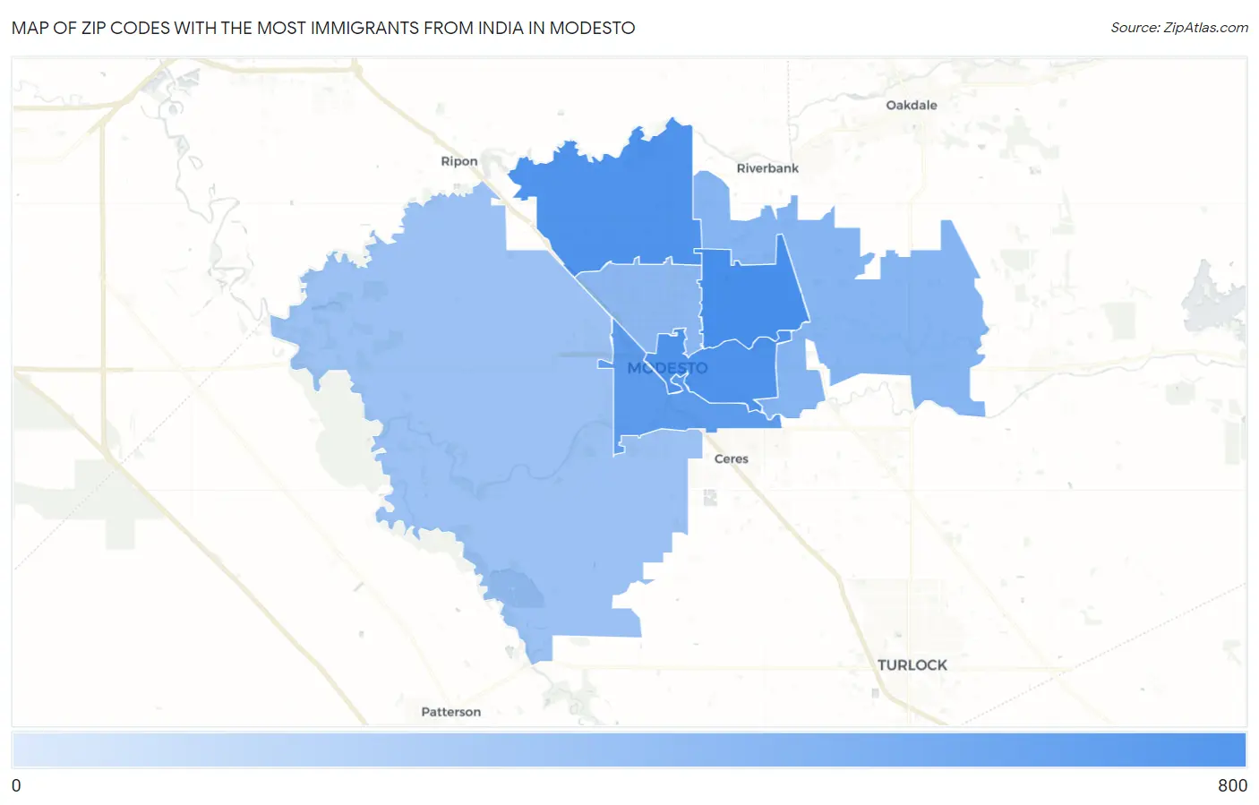 Zip Codes with the Most Immigrants from India in Modesto Map