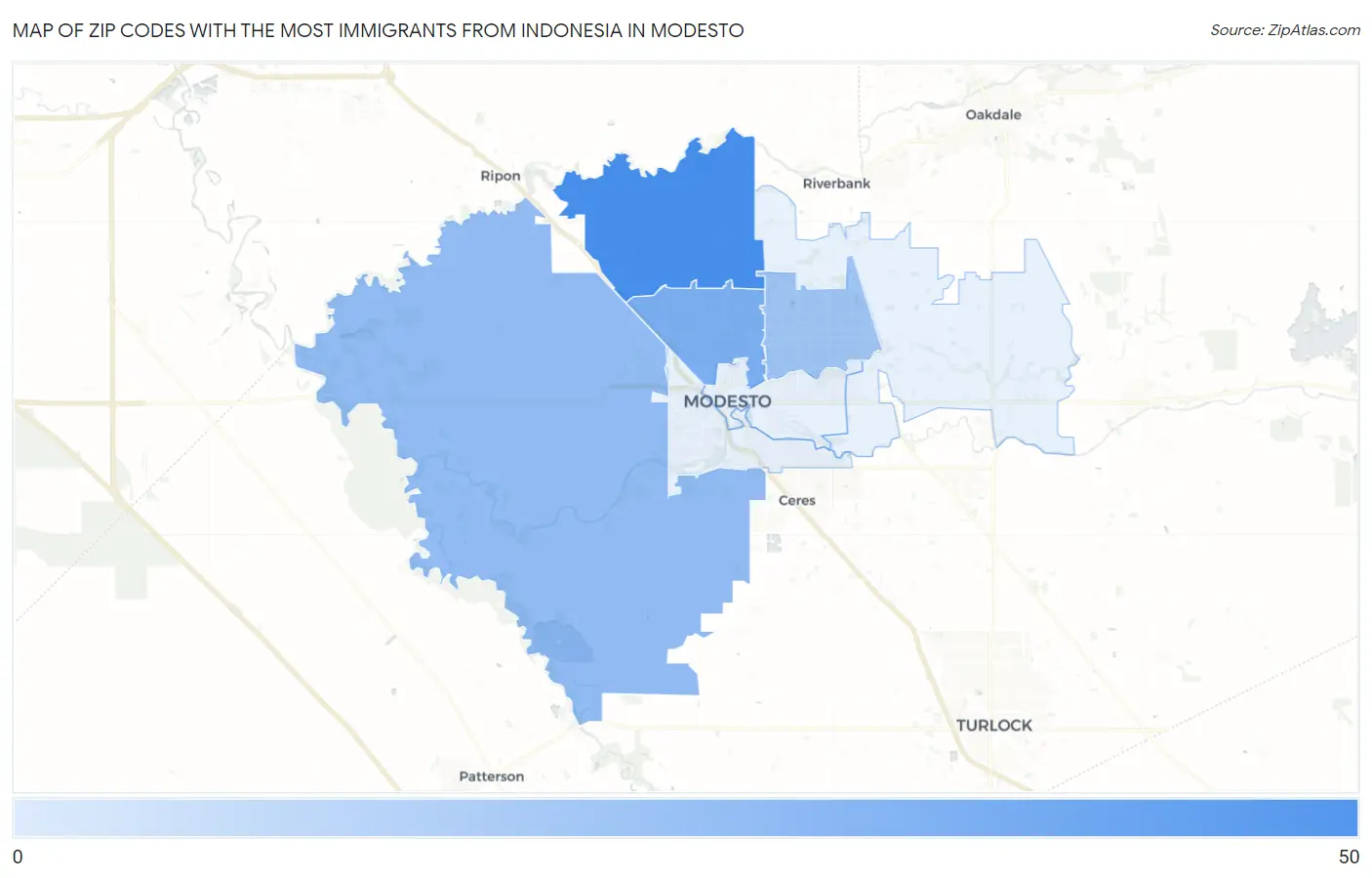 Zip Codes with the Most Immigrants from Indonesia in Modesto Map
