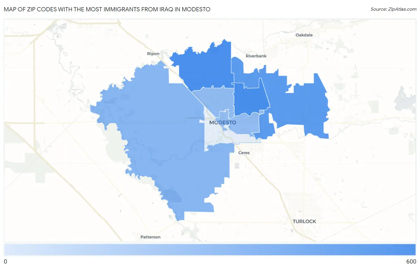 Zip Codes with the Most Immigrants from Iraq in Modesto Map