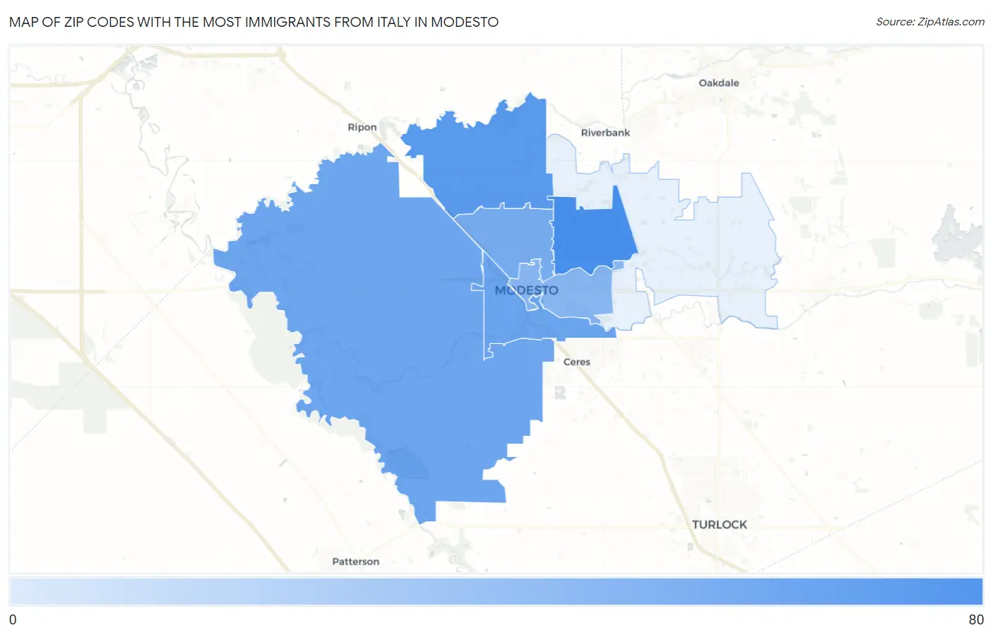 Zip Codes with the Most Immigrants from Italy in Modesto Map