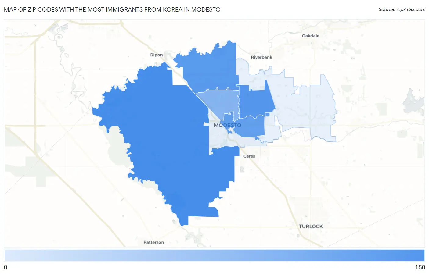 Zip Codes with the Most Immigrants from Korea in Modesto Map