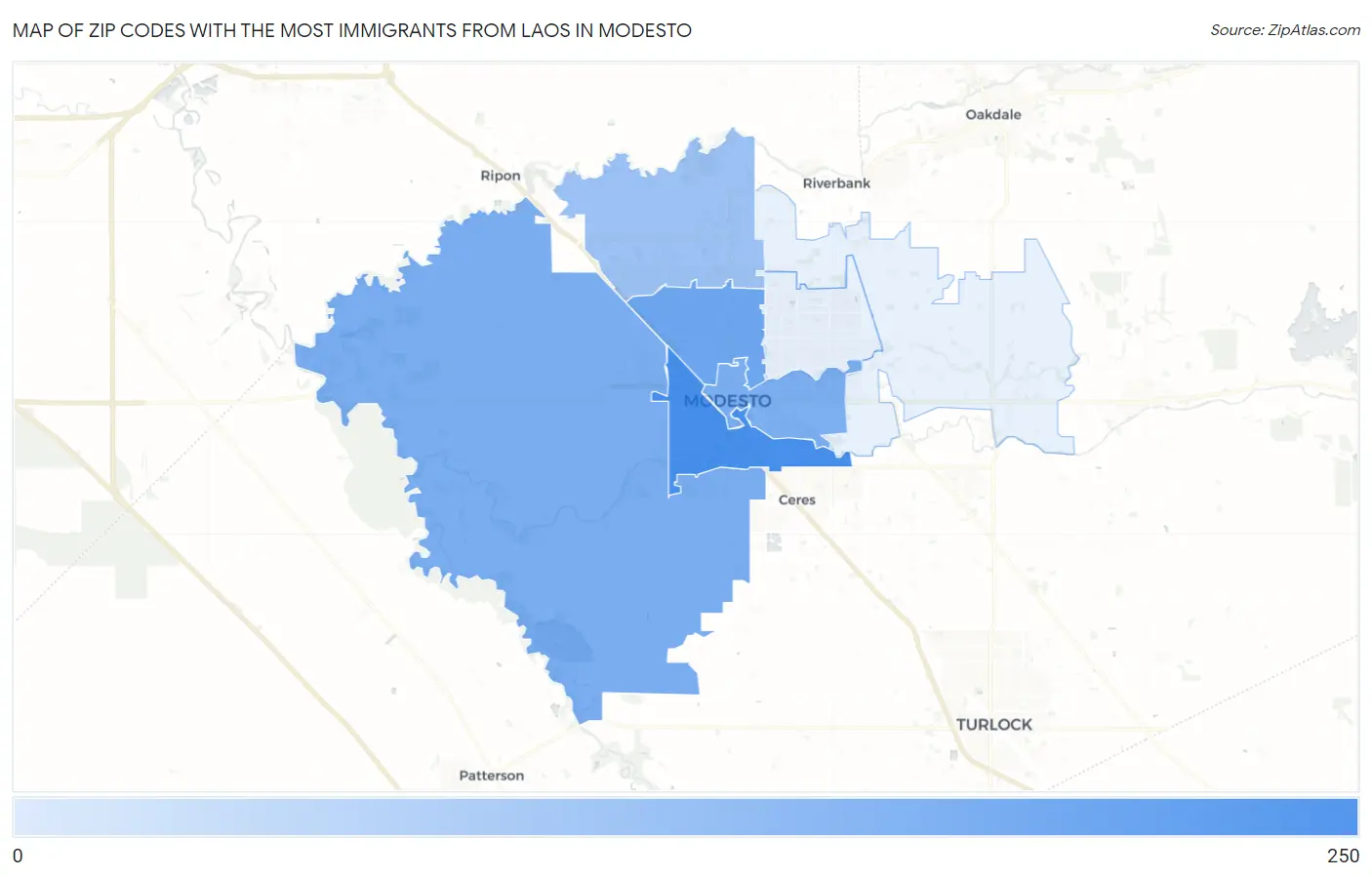 Zip Codes with the Most Immigrants from Laos in Modesto Map