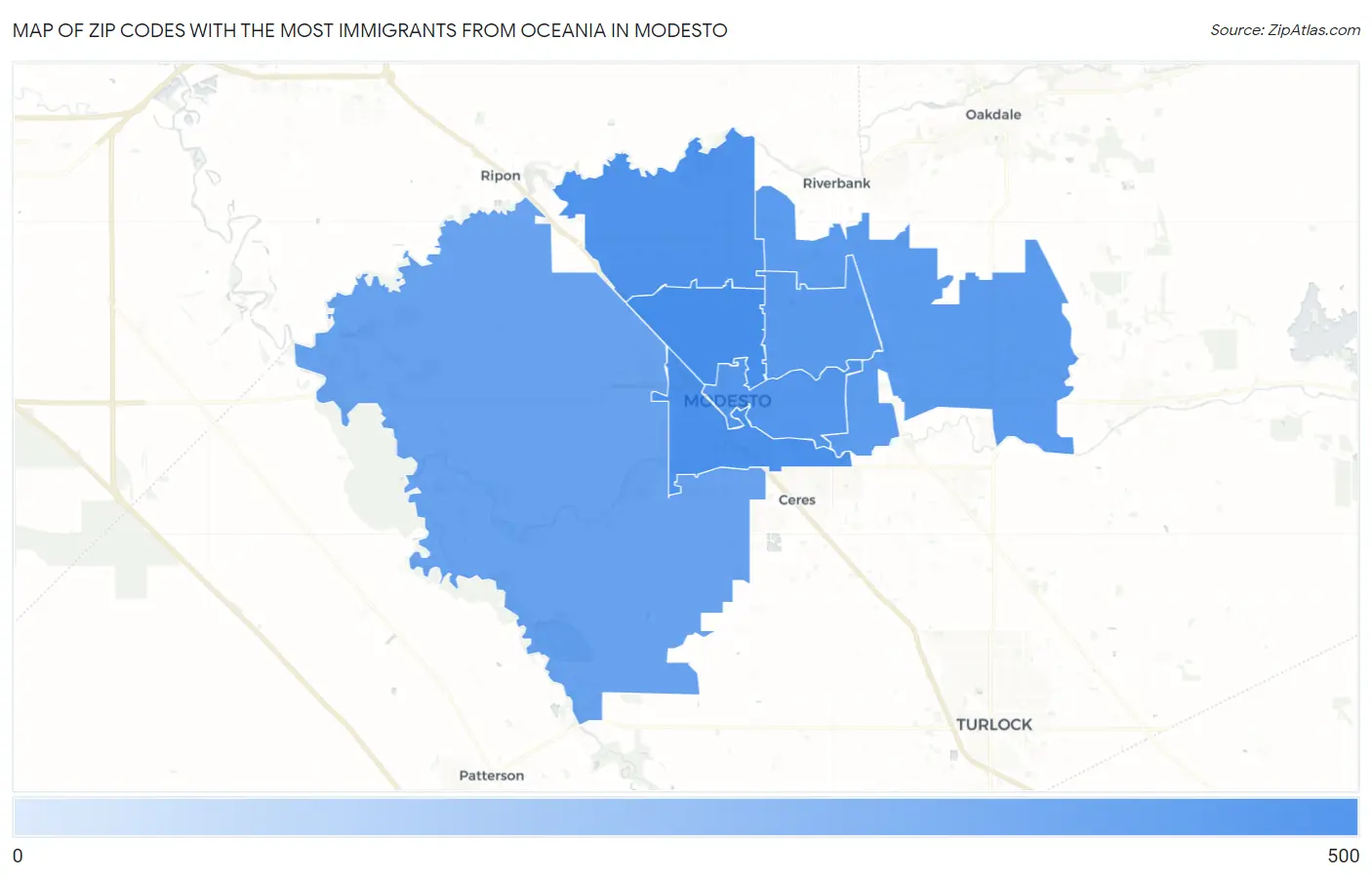 Zip Codes with the Most Immigrants from Oceania in Modesto Map