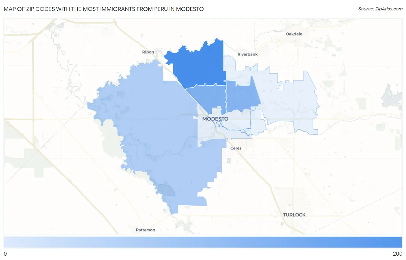 Zip Codes with the Most Immigrants from Peru in Modesto Map