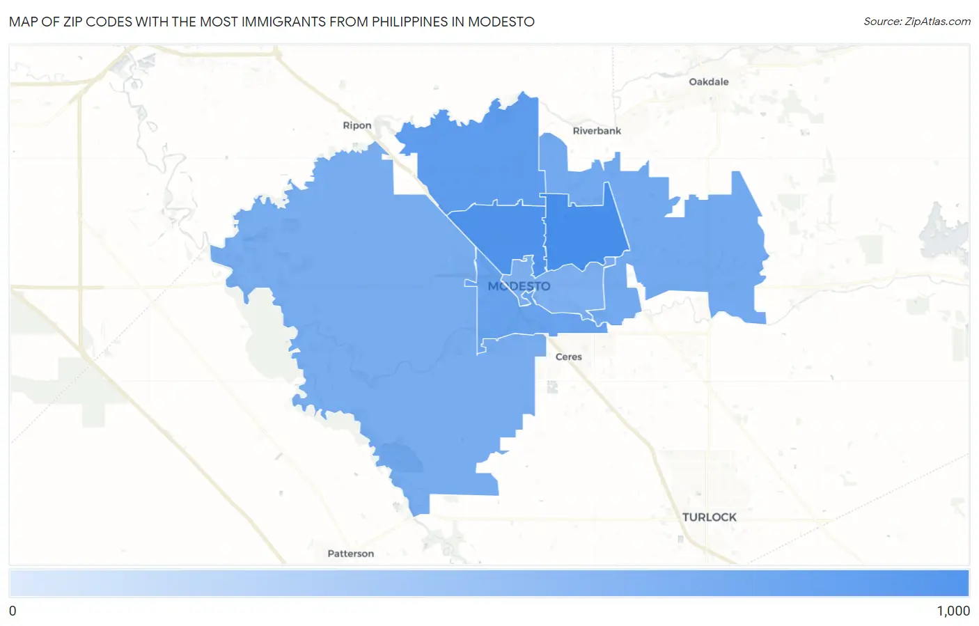 Zip Codes with the Most Immigrants from Philippines in Modesto Map