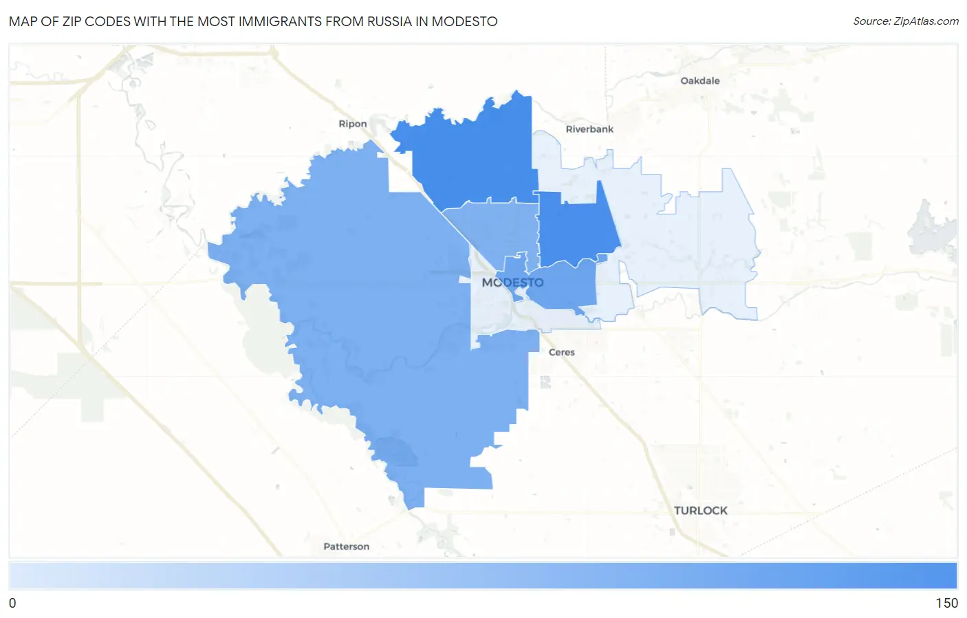 Zip Codes with the Most Immigrants from Russia in Modesto Map