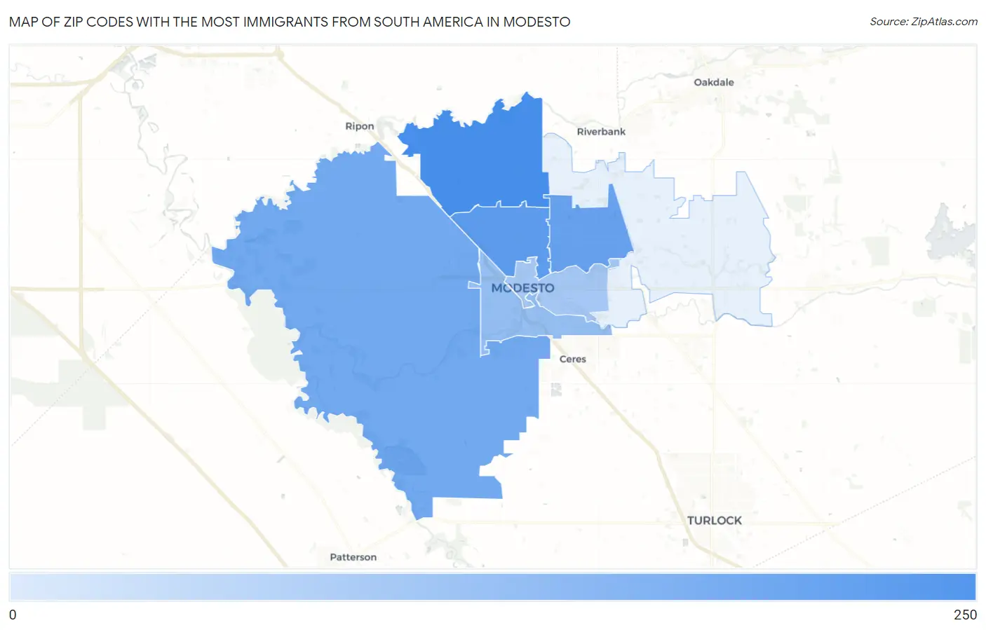 Zip Codes with the Most Immigrants from South America in Modesto Map
