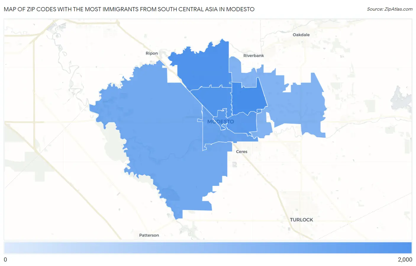 Zip Codes with the Most Immigrants from South Central Asia in Modesto Map