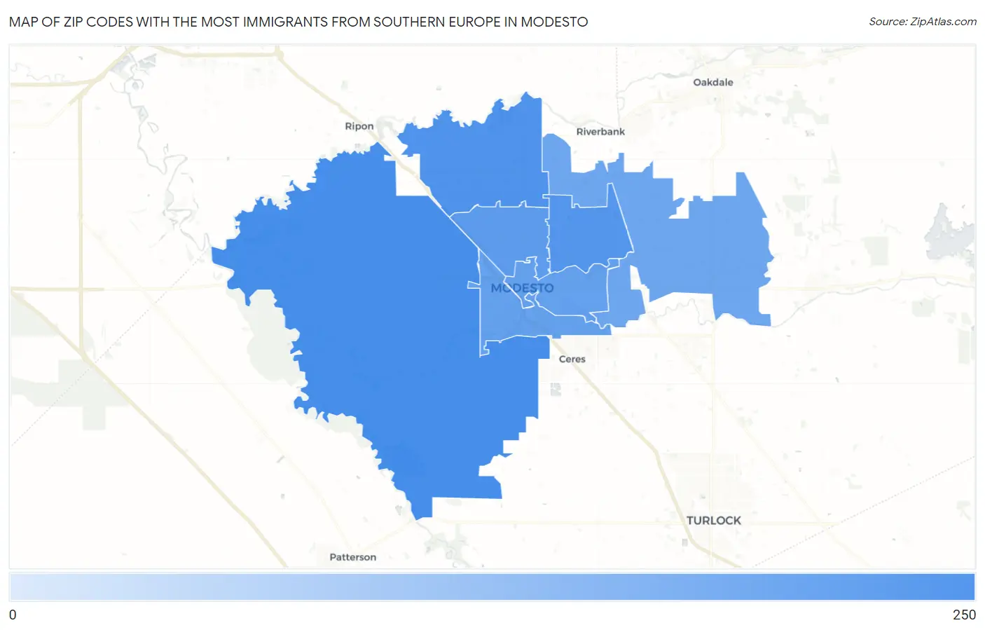 Zip Codes with the Most Immigrants from Southern Europe in Modesto Map