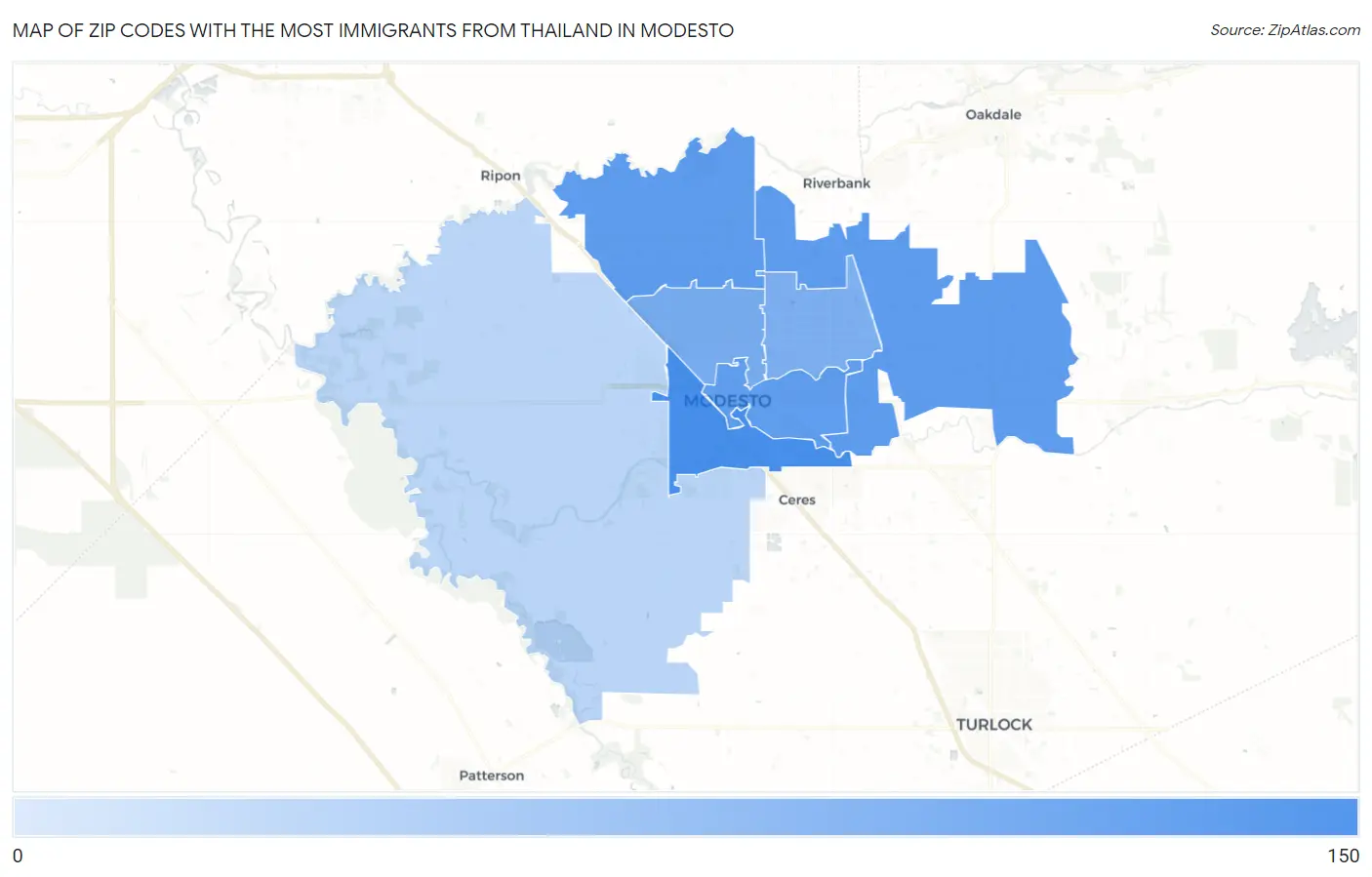 Zip Codes with the Most Immigrants from Thailand in Modesto Map