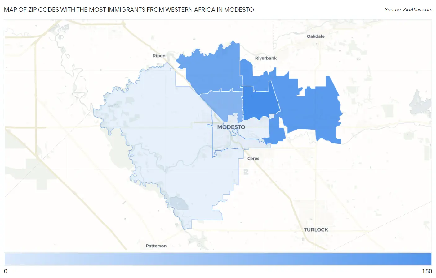Zip Codes with the Most Immigrants from Western Africa in Modesto Map