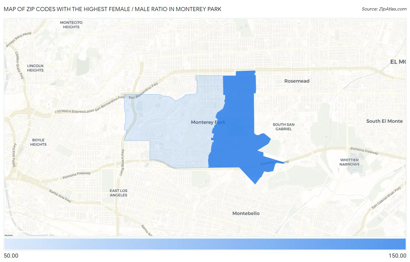 Zip Codes with the Highest Female / Male Ratio in Monterey Park Map