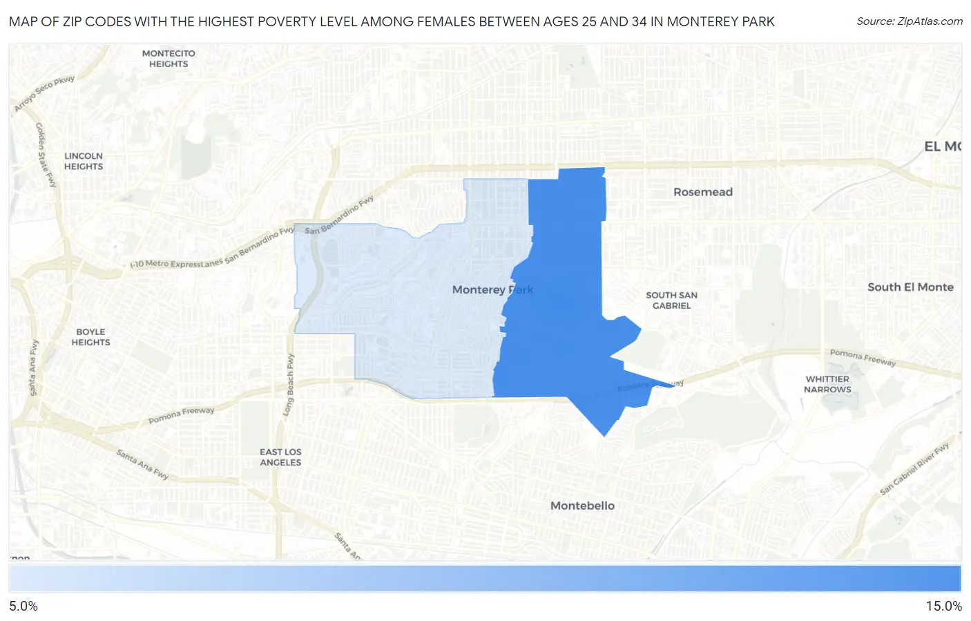 Zip Codes with the Highest Poverty Level Among Females Between Ages 25 and 34 in Monterey Park Map