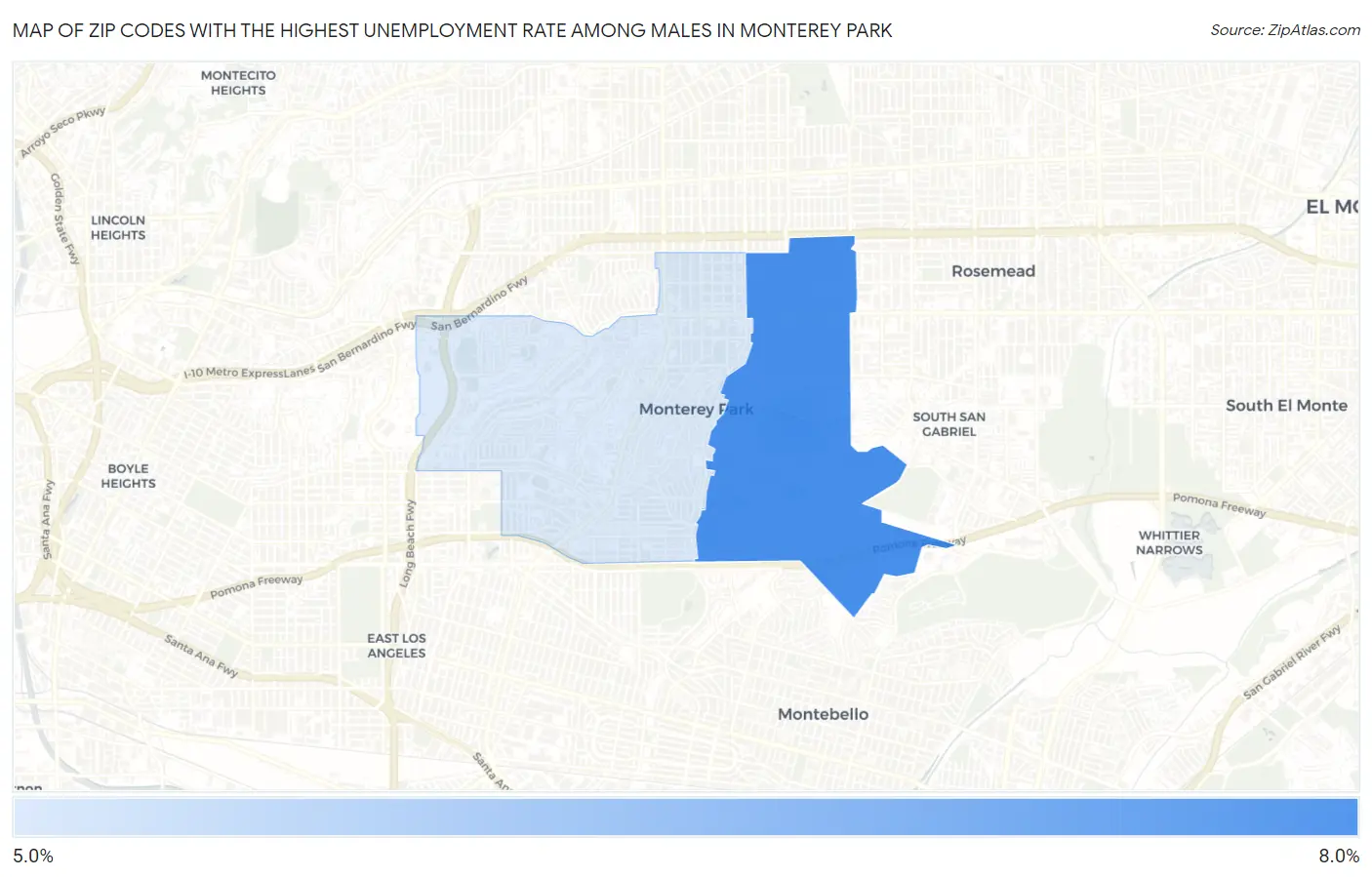 Zip Codes with the Highest Unemployment Rate Among Males in Monterey Park Map
