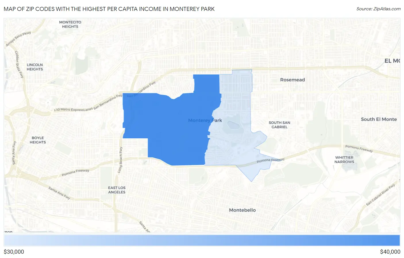 Zip Codes with the Highest Per Capita Income in Monterey Park Map