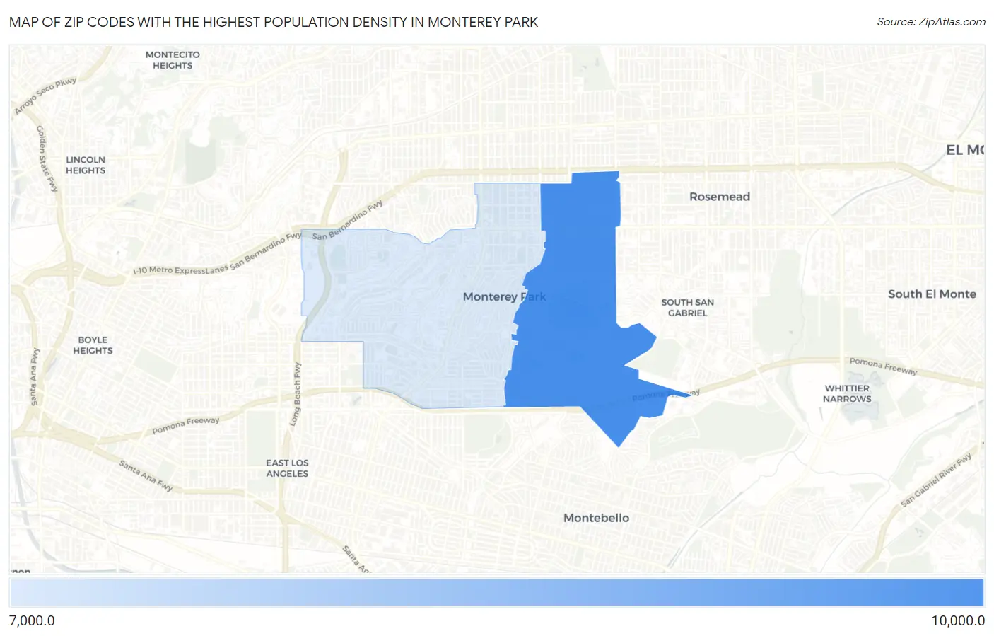 Zip Codes with the Highest Population Density in Monterey Park Map