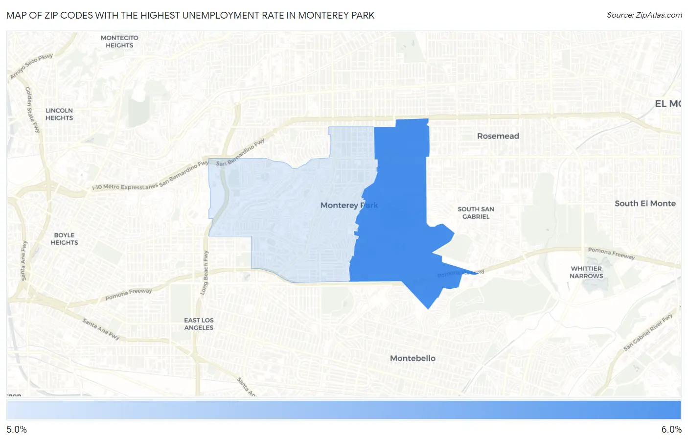 Zip Codes with the Highest Unemployment Rate in Monterey Park Map