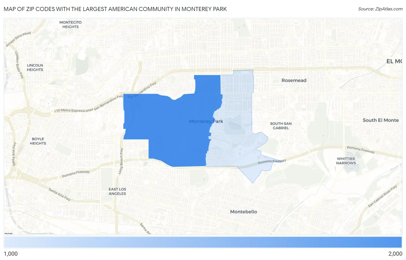 Zip Codes with the Largest American Community in Monterey Park Map