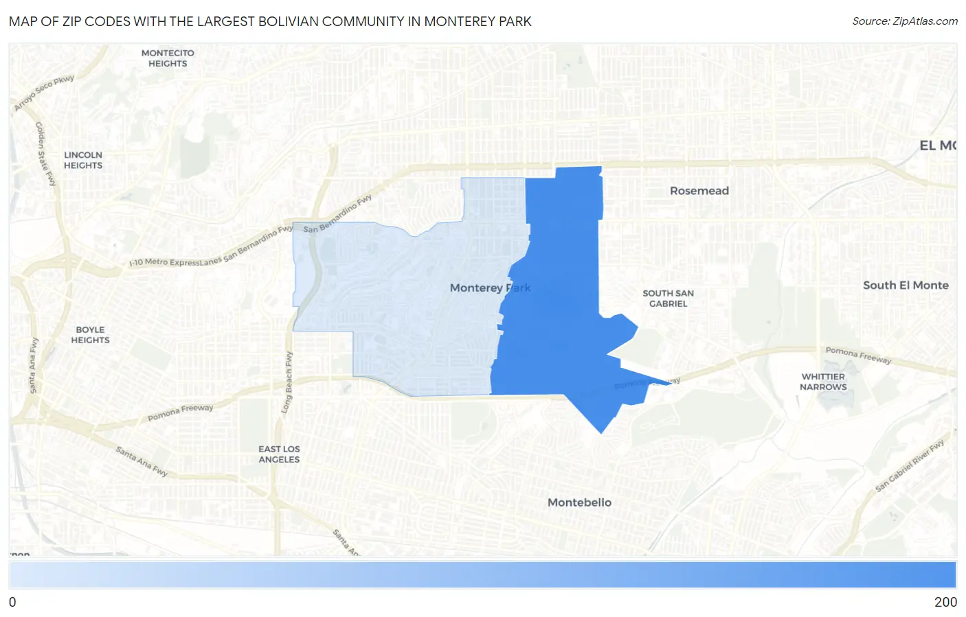 Zip Codes with the Largest Bolivian Community in Monterey Park Map