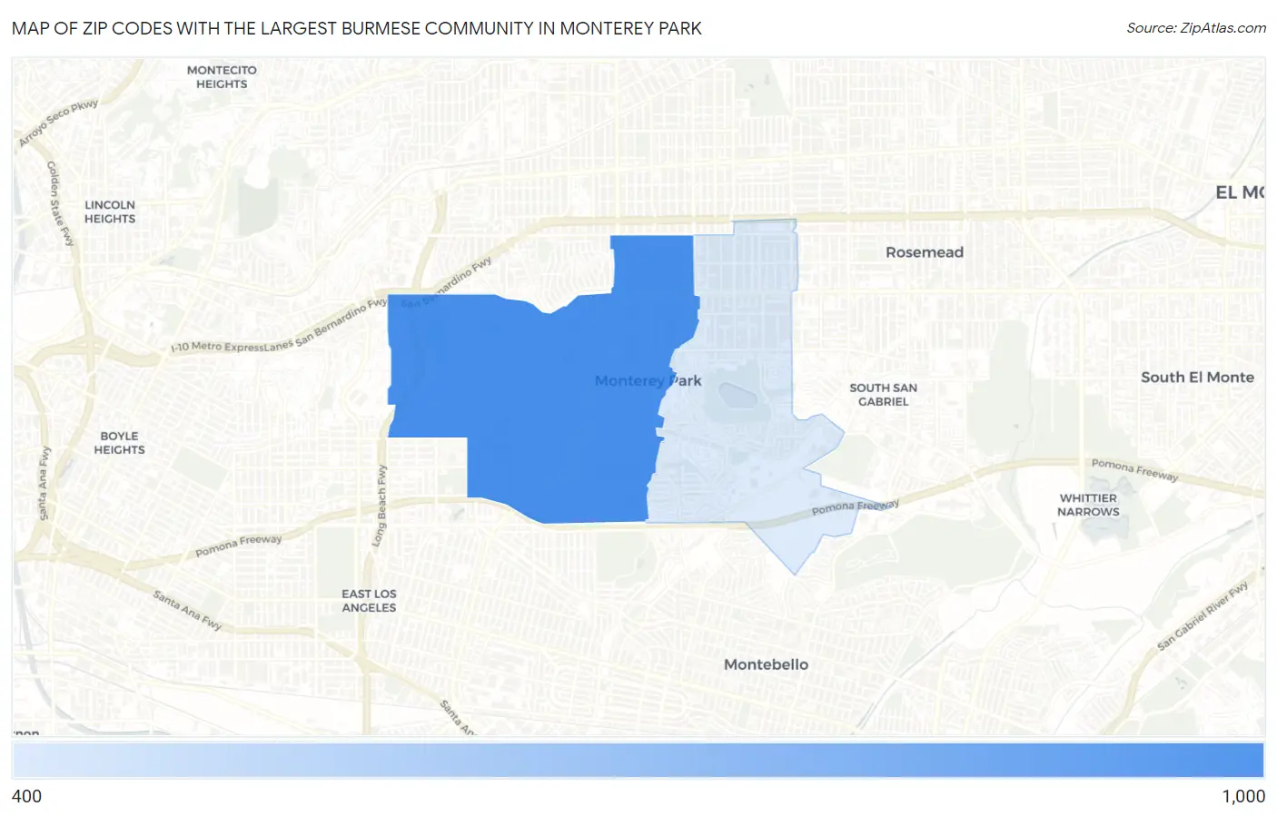 Zip Codes with the Largest Burmese Community in Monterey Park Map