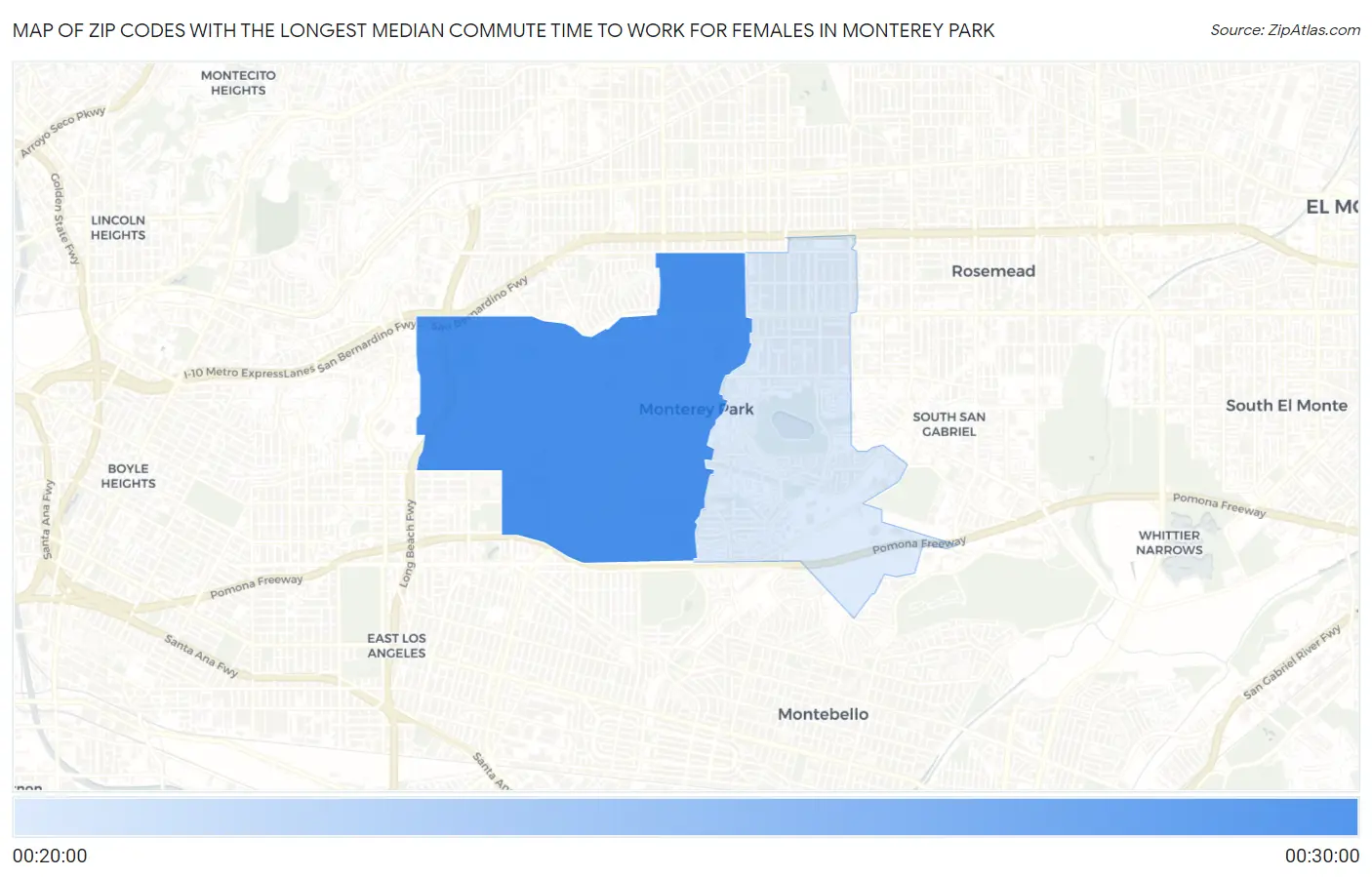 Zip Codes with the Longest Median Commute Time to Work for Females in Monterey Park Map