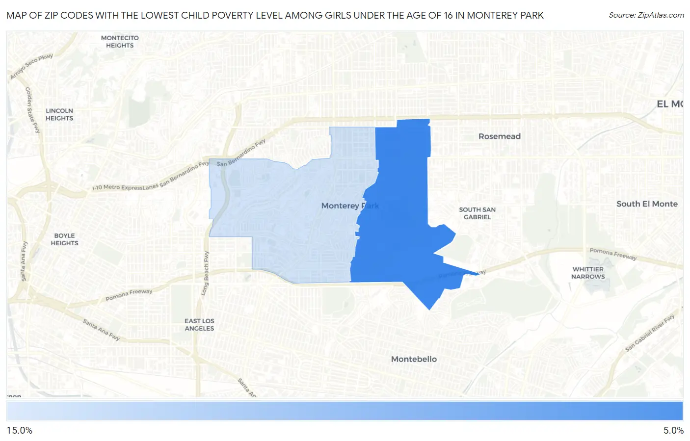 Zip Codes with the Lowest Child Poverty Level Among Girls Under the Age of 16 in Monterey Park Map