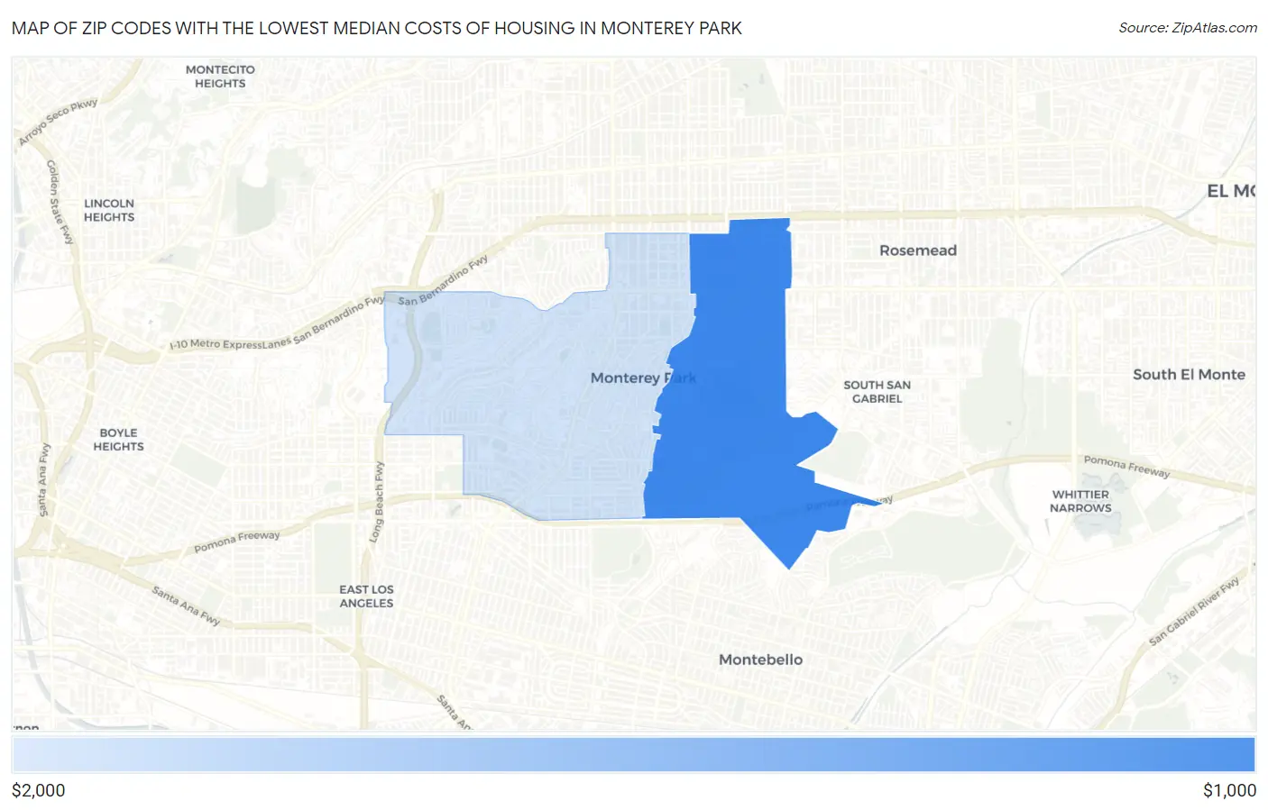 Zip Codes with the Lowest Median Costs of Housing in Monterey Park Map