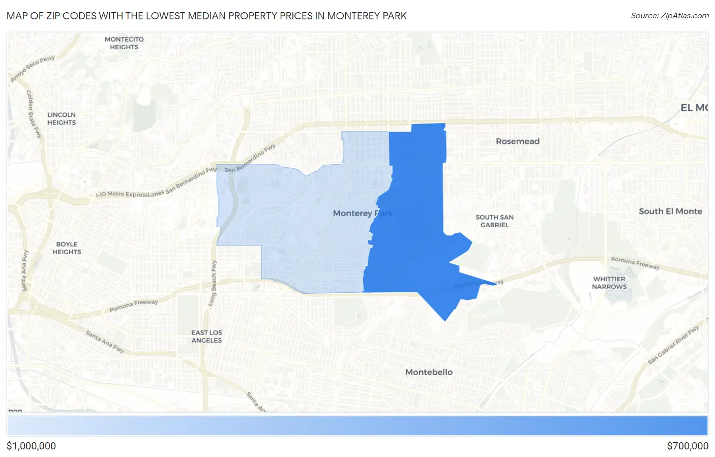 Zip Codes with the Lowest Median Property Prices in Monterey Park Map