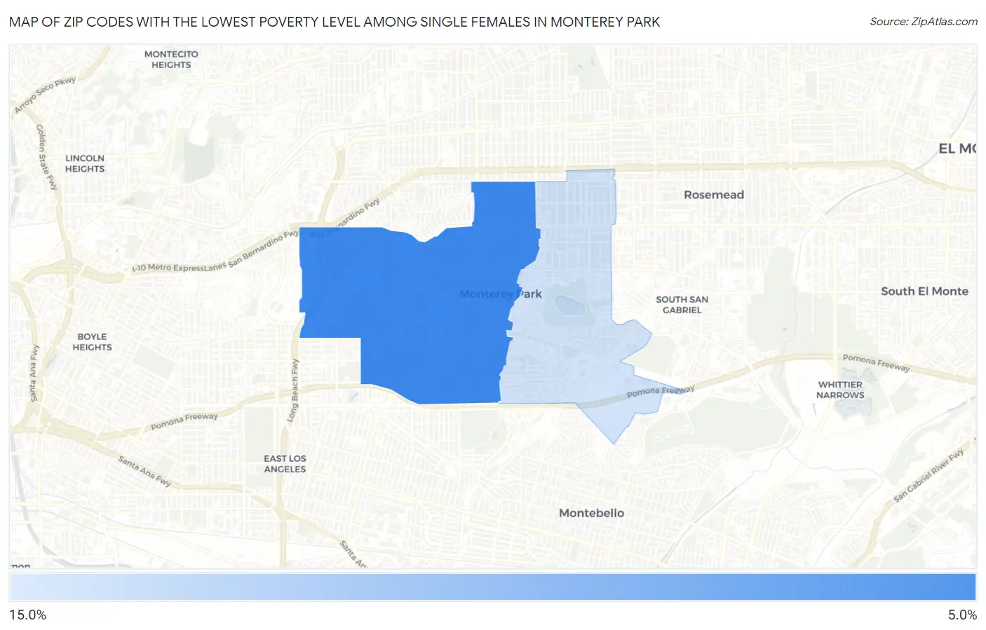 Zip Codes with the Lowest Poverty Level Among Single Females in Monterey Park Map
