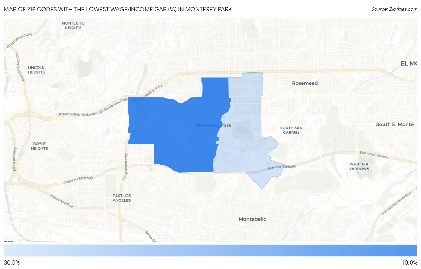Zip Codes with the Lowest Wage/Income Gap (%) in Monterey Park Map