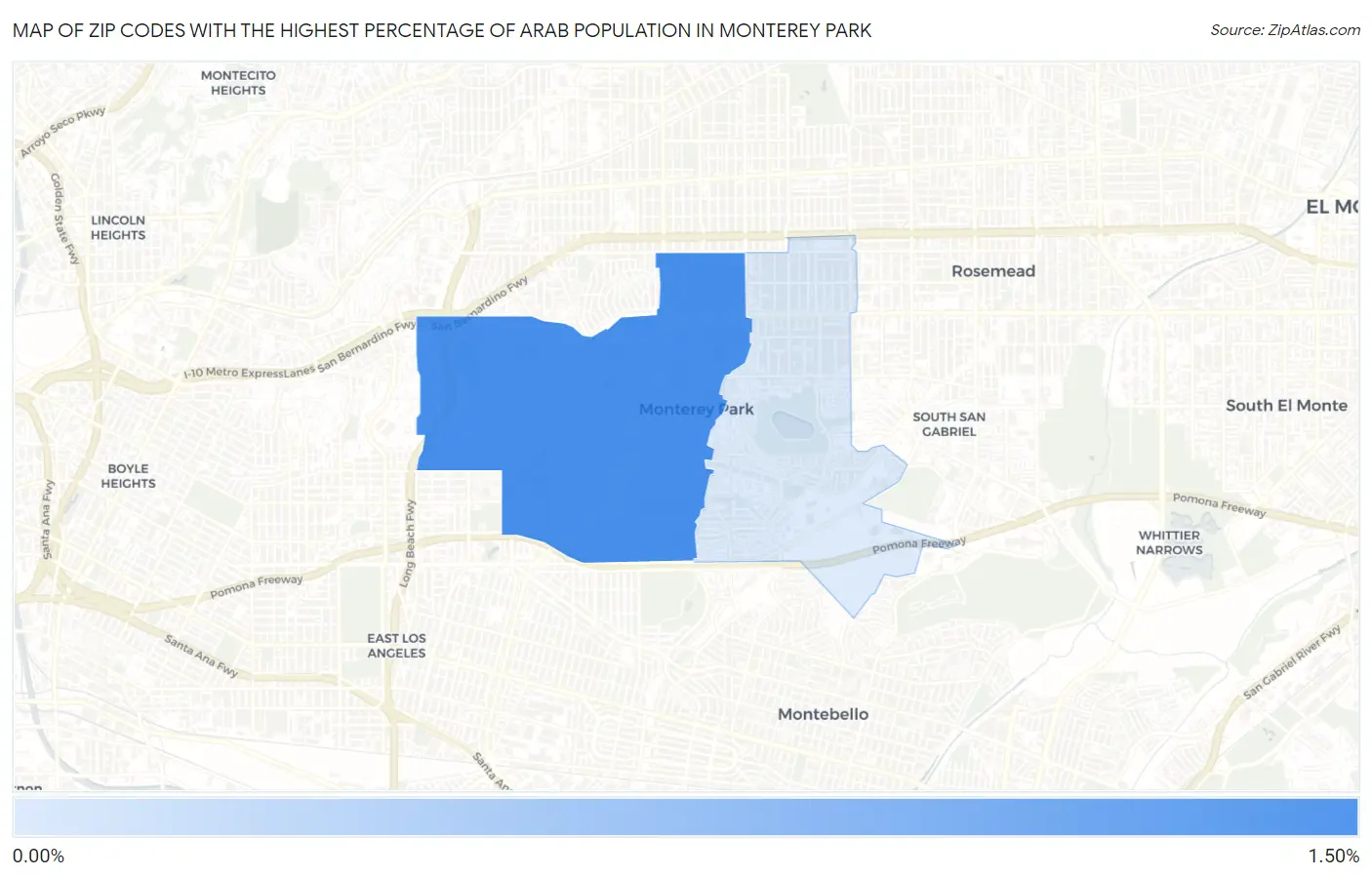 Zip Codes with the Highest Percentage of Arab Population in Monterey Park Map